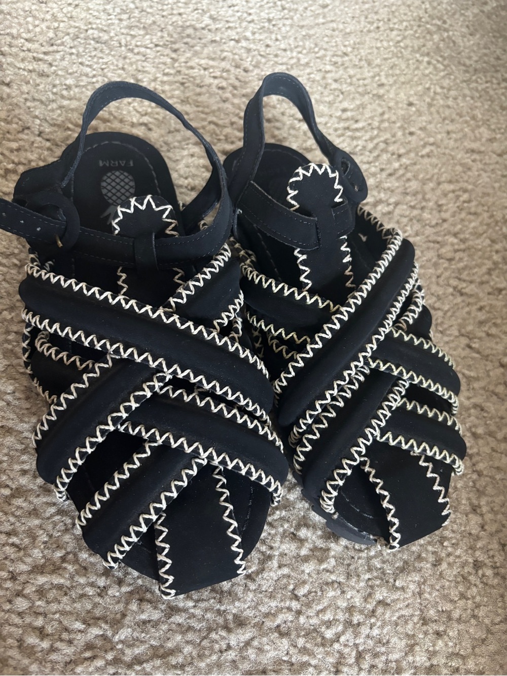 FARM Rio Black Sandals with Contrasting White Zigzag Trim